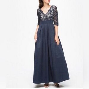 Eliza J Lace Faille Formal Empire Waist Gown Navy Blue Women Size 8 Wedding